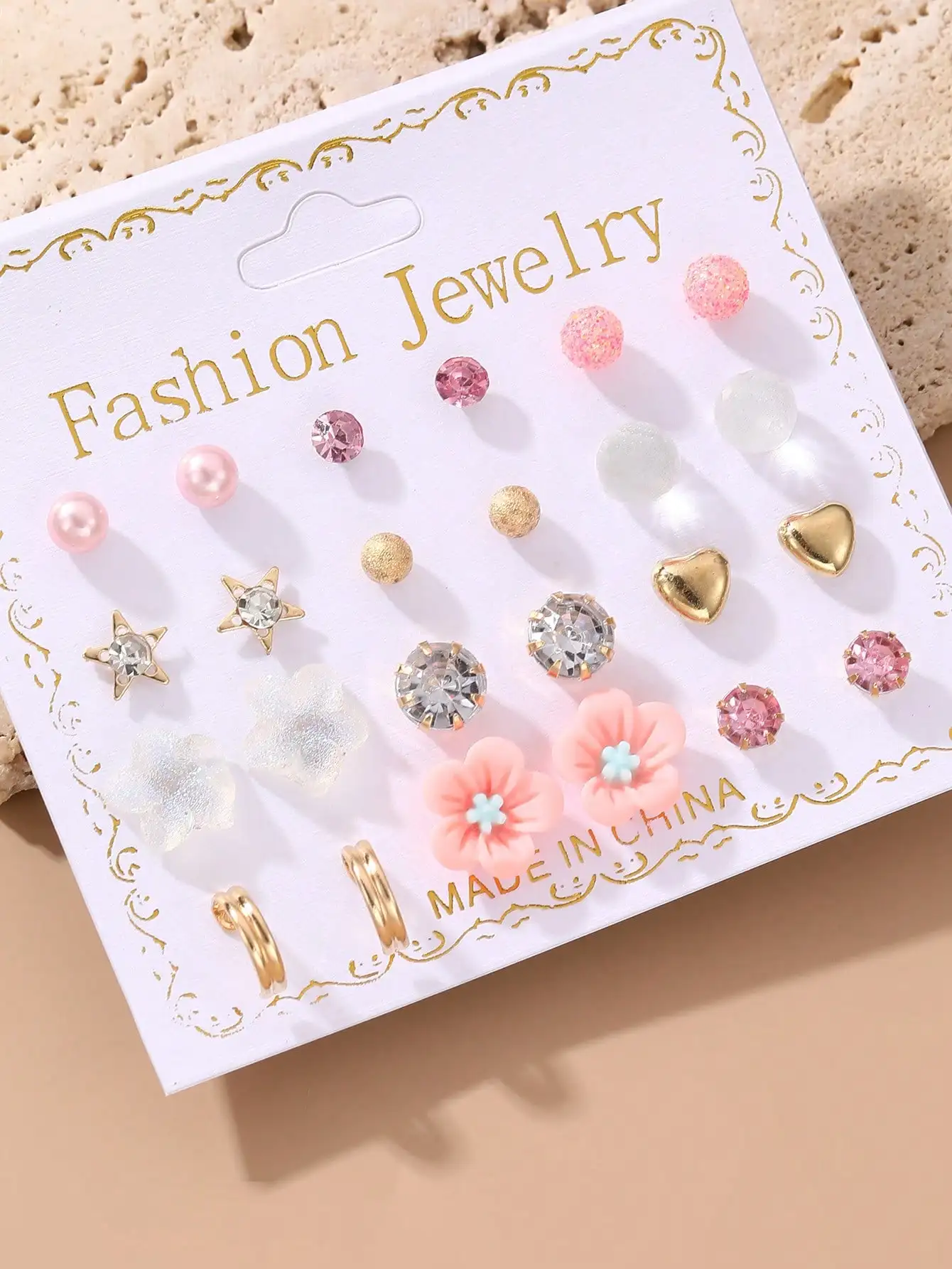 

12 Pairs Assorted Fashion Stud Earrings with Hearts, Flowers, Stars, Pearls & Rhinestones