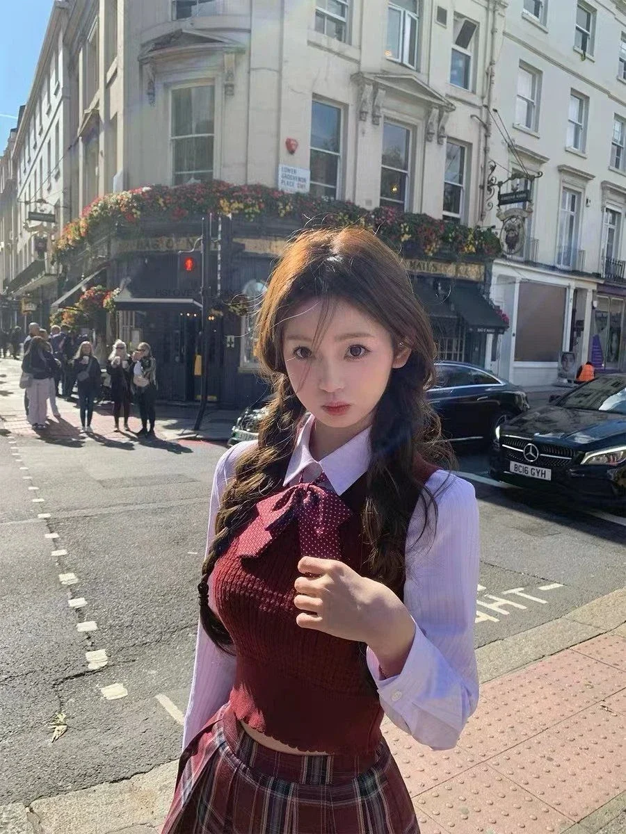 Koreaanse stijl schooluniform JK boog shirt met lange mouwen gebreid vest geruite plooirok herfst driedelige set Jk uniforme set