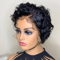 13x4 Lace Frontal Human Hair Wigs Pre Plucked Short Water Wave Pixie Cut Wigs for Black Women 180% Density 13x1 Transparent Lace