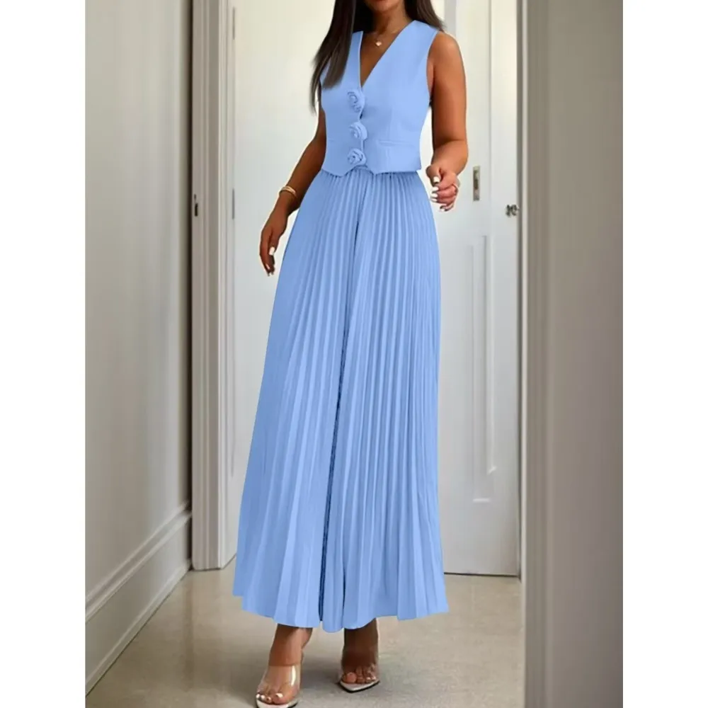 

Элегантный женский плиссированный жилет, юбка, комплект из 2 предметов, новый летний модный жилет с аппликацией, жилет с v-образным вырезом, женский офисный костюм, юбка 2025