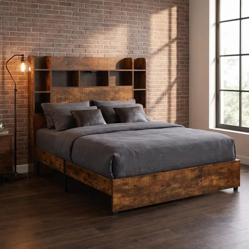 Modern Metal Platform Bed Frame with Storage Headboard Bookshelf Design Large Double Bed Bedroom Furniture