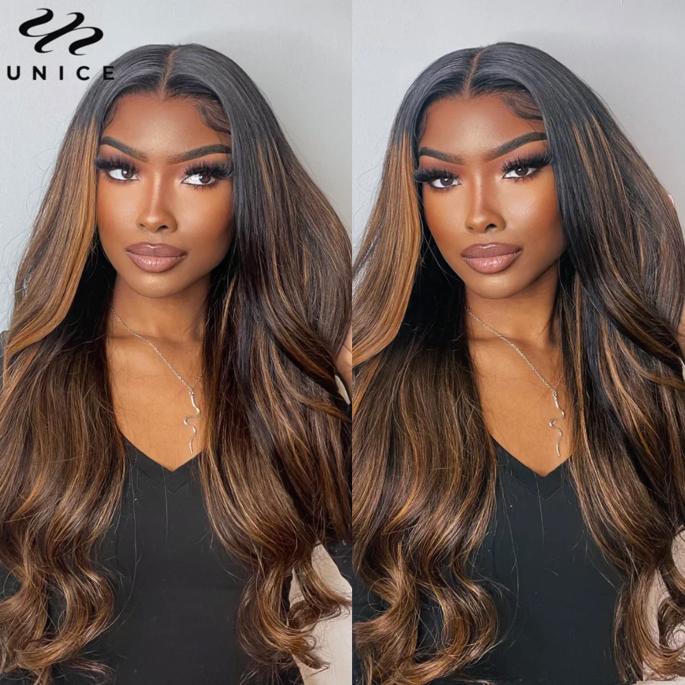 Body Wave 13x5x1 Middle T-Par Lace Front Wig Human Hair Brown Balayage Highlight Lace Frontal Wig PrePlucked Lace Wigs for Women