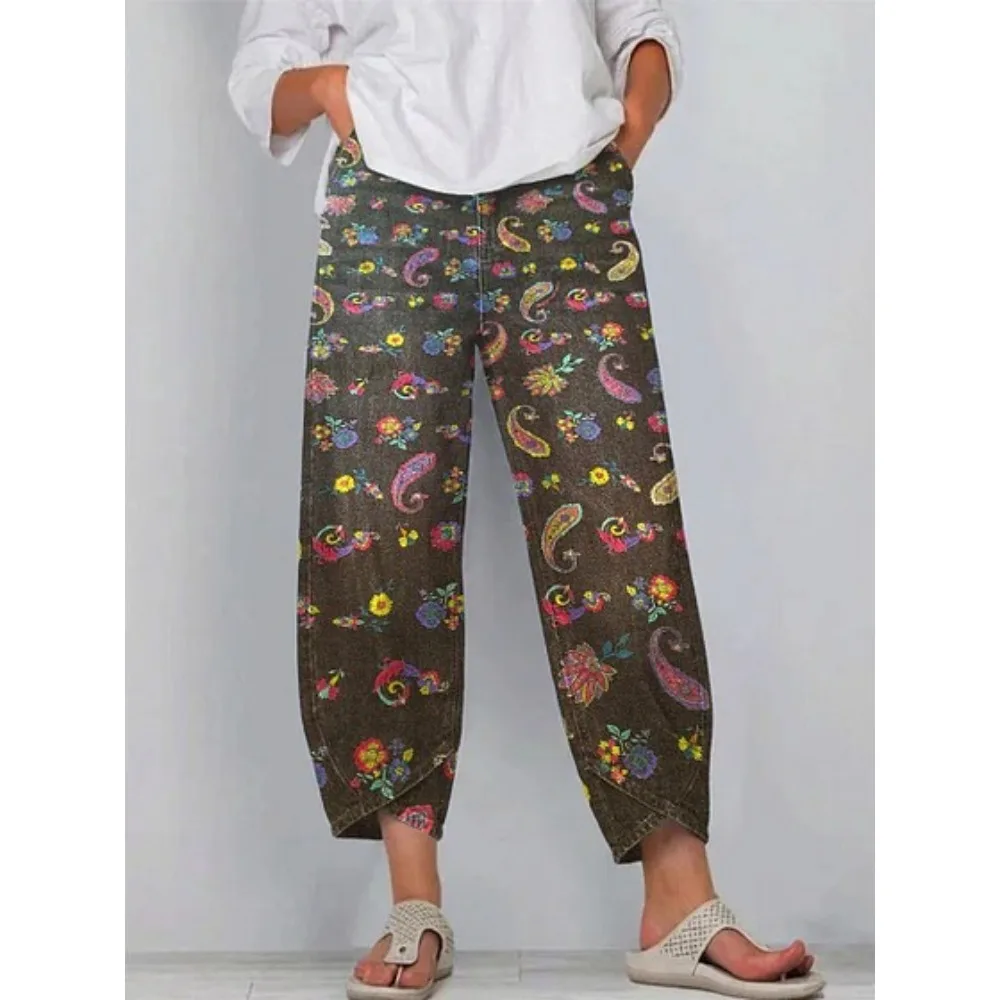 Vintage-Haremshose mit Rosenmuster, kurz geschnitten, lockere Tulpenform, knöchellang, lässige Hose für Zuhause, Loungewear, Urlaub – Detail 4