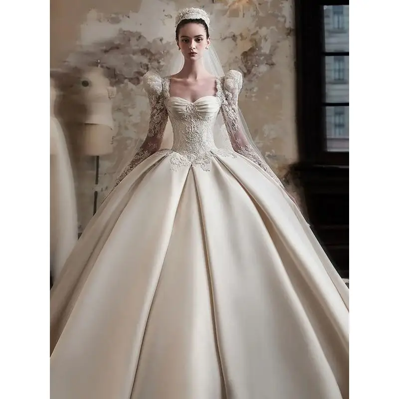 Customizable Classic Luxury Square Collar Long Lace Sleeve Satin Ball Gown Lace Up Sweep Train Bridal Gowns