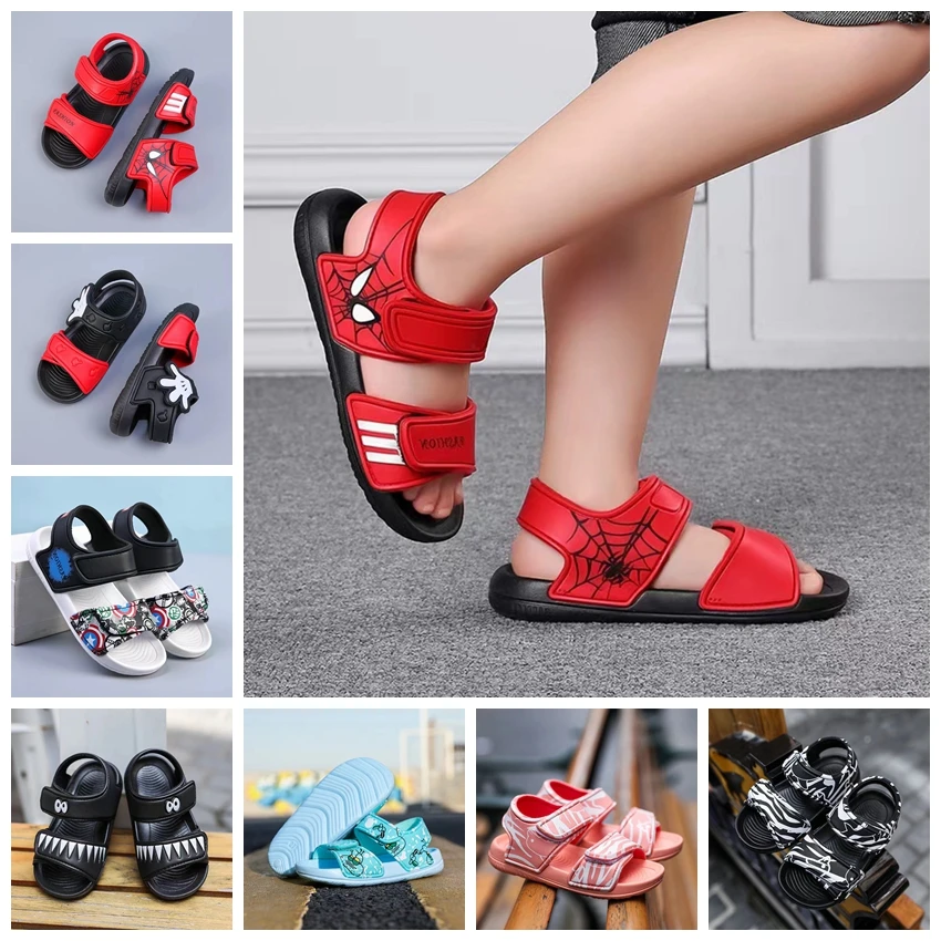 Disney Summer Baby Boy Girl antypoślizgowe buty na plażę dziecięce sandały rekin rysunkowy delfin Spiderman Mickey Mouse miękkie kapcie dziecięce