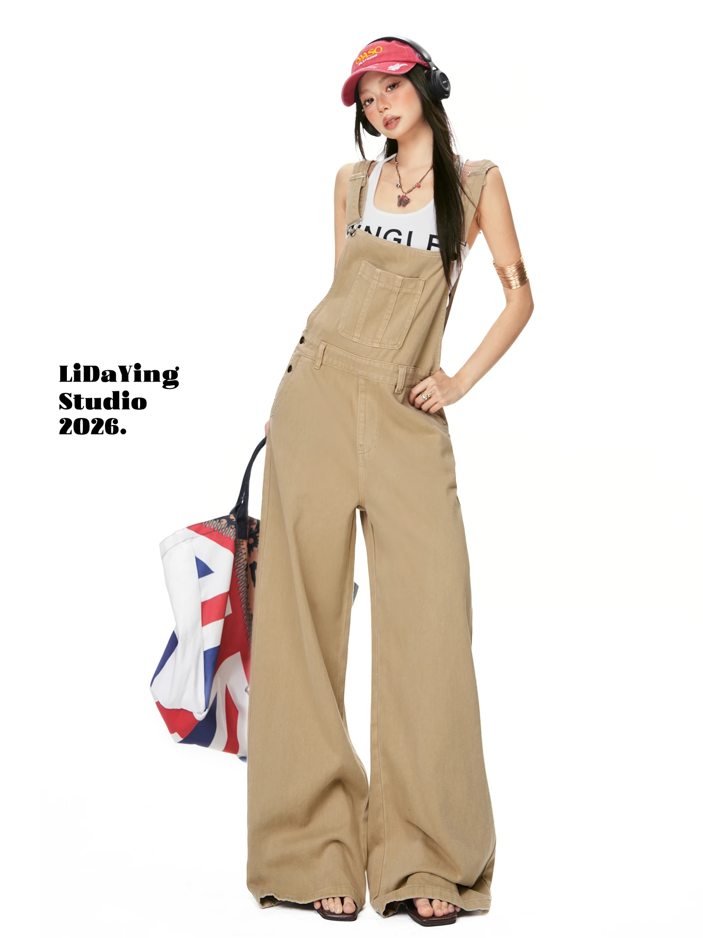 

Khaki Color Overalls Women's Jeans American Sle Vintage Loose Youthful Wide Leg Slimming Workwear One-Piece Suit