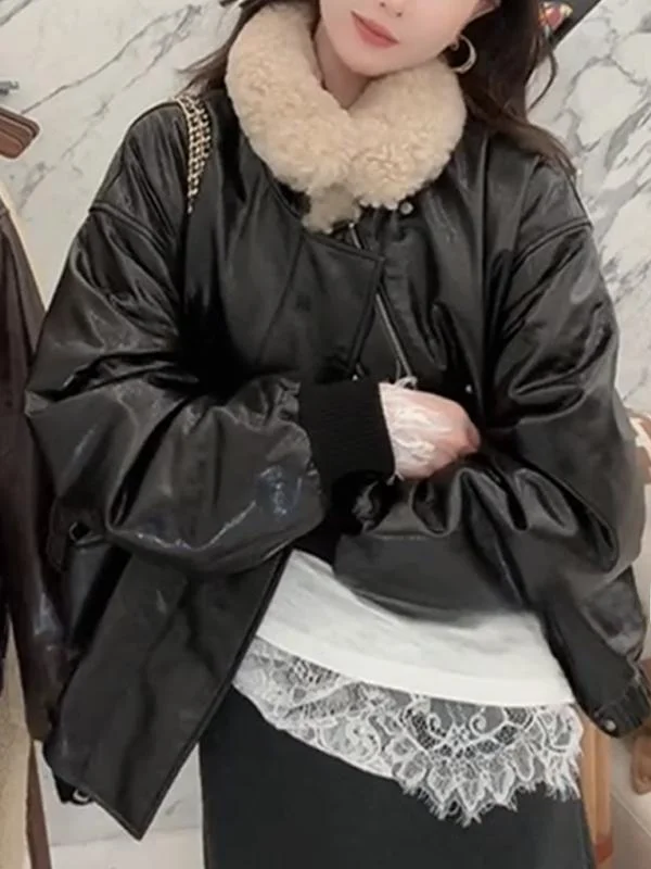 Chen Tai Jaet de cuero genuino para mujer, abrigo cálido de longitud media con cuello de piel de cordero y béisbol relleno de algodón