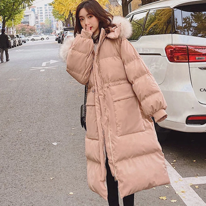 2023 New Women Cotton Clothes Loose Long Over Knee Outcoat Thickened Warm Hooded Large Fur Collar Outwear Fashion Casual Parkas