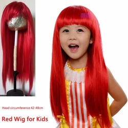 Children's Red Long Wig Hood Kids Headgear Coronet Baby Headdress Little Girl Anime Cartoon Hair Accessories for 3-4-5-6-7Years