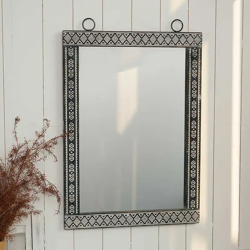 Morrocan Style Wooden Wall Mounted Bathroom Vanity Mirror with Intricate Geometry Design Rectangle 58.2x86cm