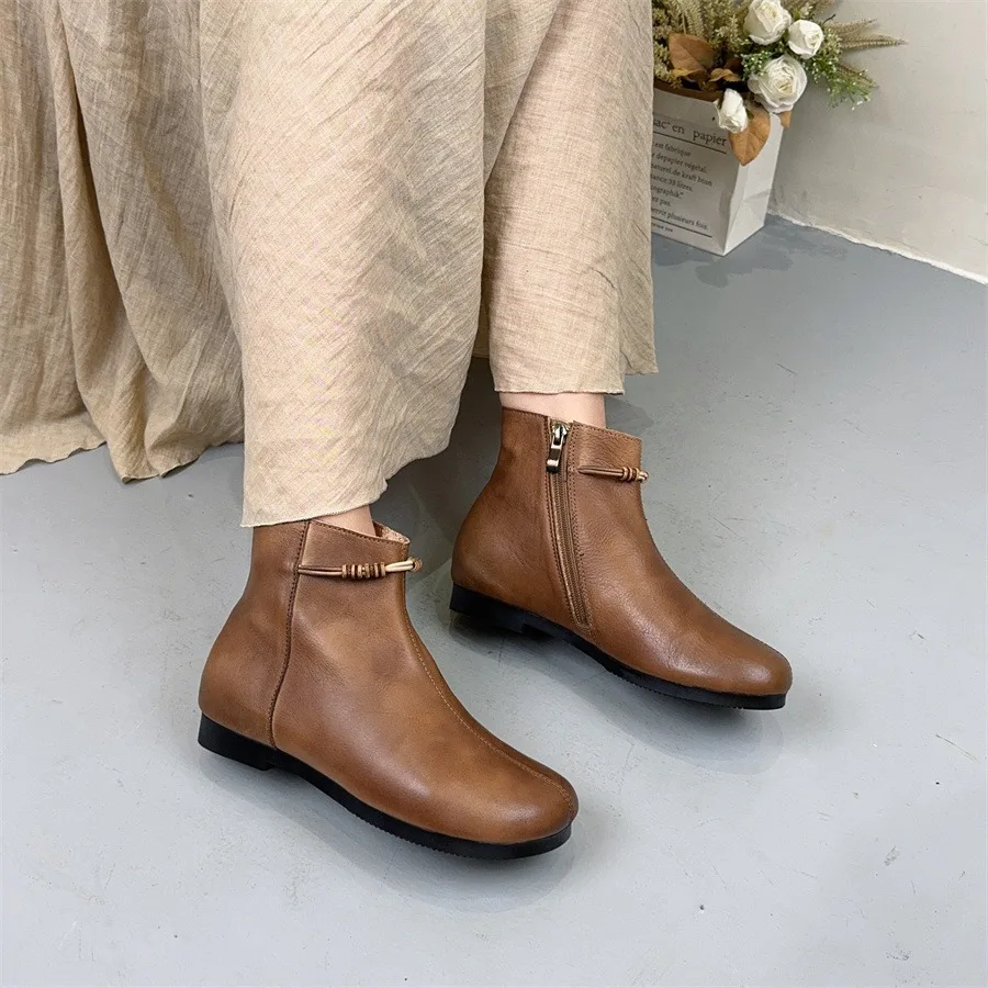 Birkuir Retro Women Ankle Boots Side Zip High Top Round Toe Low Heel Shoes Genuine Leather Luxury String Beads Short Boots image 4