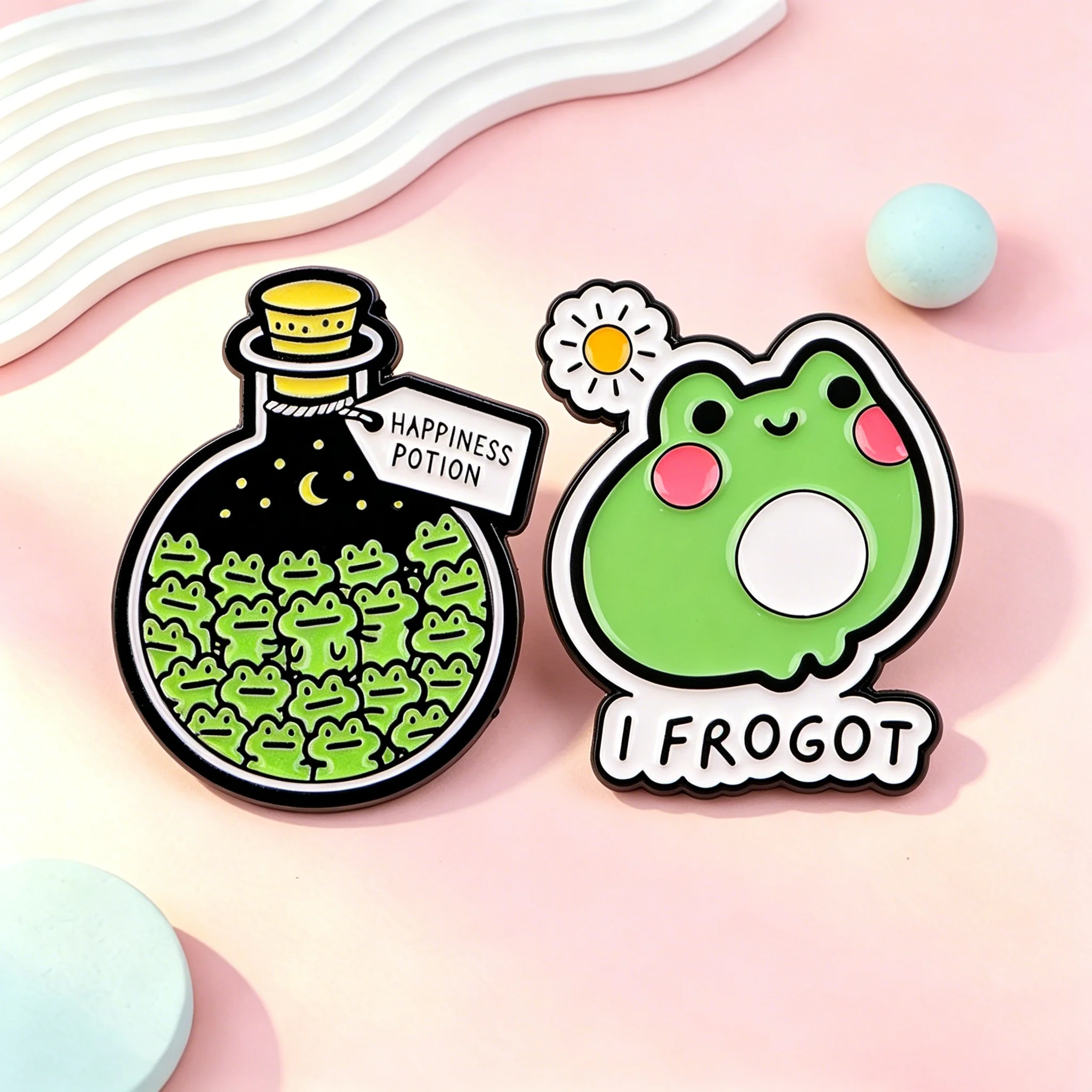

Cute Frog Enamel Pins "I Frogot" & "Happiness Bottle" Brooches Badges for Backpacks Gifts Couple Jewelry Cosplay Accessories