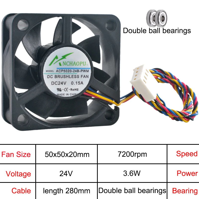ACP5020-12S-PWM ACP5020-12B-PWM ACP5020-24B-PWM 5cm 50mm fan 50x50x20mm DC12V/24V 4-pin Cooling fan for chassis CPU inverter