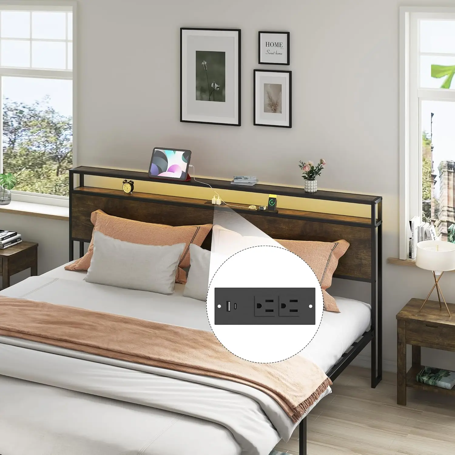 King Bed Frame With Storage Headboard, Metal Platform Bedframe With Storage Drawers, Built In Led & Charging Station, Metal