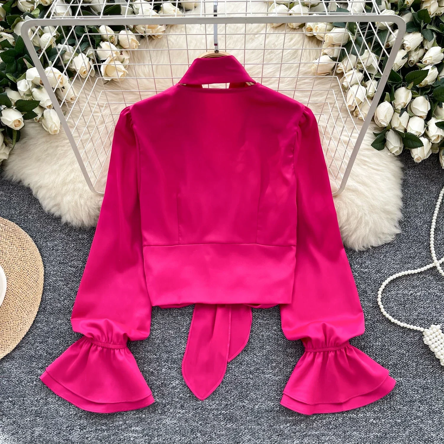 Vintage Halter Slim Riddons Chic Pleated Basics Long Flare Sleeve Satin Top Korean Women Streetwear High Street Autumn Blouse