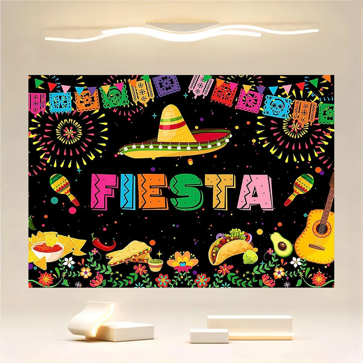 Happy Birthday Carnival Party in Mexico, May 5th Carnival Carnival, Colorful Banners, Flowers, Cacti Photography Background