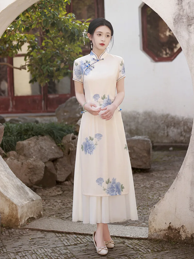 

FZSLCYIYI Summer Short Sleeve Qipao Chinese Traditional Mandarin Collar Chiffon High Split Aodai Cheongsam Women Dresses