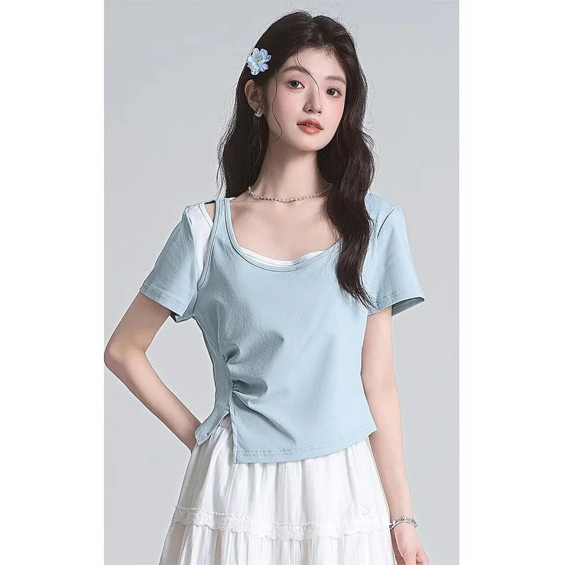 

Women Clothes Summer Fashion Casual Patchwork Solid Color O-neck Female All-match Simplicity Fake Two Pieces Short Sleeve Tops