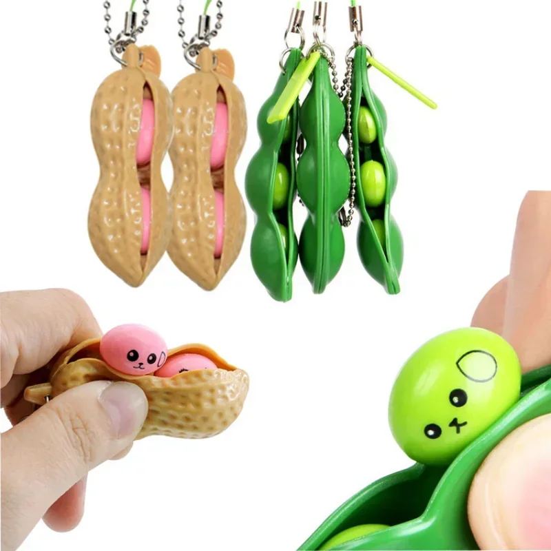 1PC Funny Decompression Edamame Keychain Cute Peanut Peas Beans Keychain Antistress Fidget Toys DIY Bag Mobile Phone Car Pendant