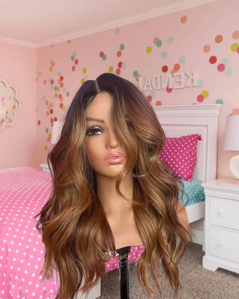 Body Wave Long Soft 28" Ombre Brown 5x5 Silk Base Free Part  Jewish Human Hair Wig With Bangs HD Lace European Hair Preplucked image 2