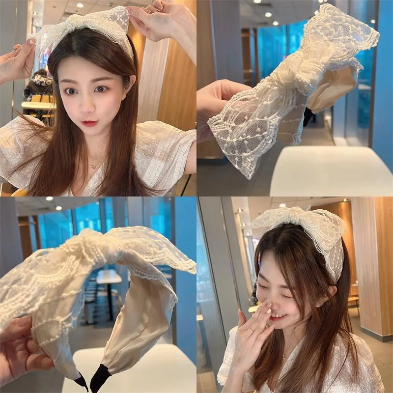 

Sweet Lace White Oversized Bow Headband Wide Mesh Hair Hoop New Arrival Elegant Sweet Daily Casual Hair Accessories for Women