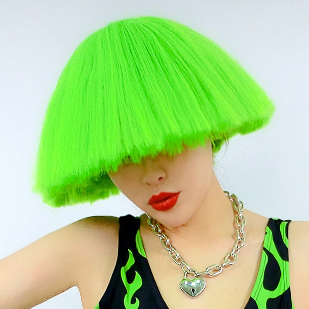 

Bar Nightclub Women Dj Gogo Dancer Exaggeration Fluorescent Green Fluffy Bobhead Short Hair DJ Rock Broom Wig Rave Wear DNV14865