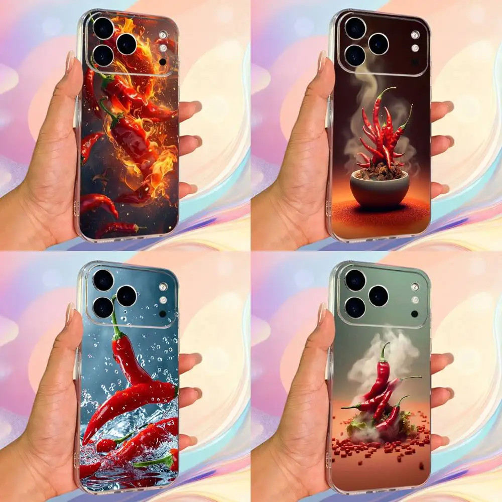 Custodia per telefono Flaming Chili Art per iPhone 14,13,12,11,17,16,15,Pro,Max,Plus,X,XS,XR,SE,Mini Cover morbida trasparente