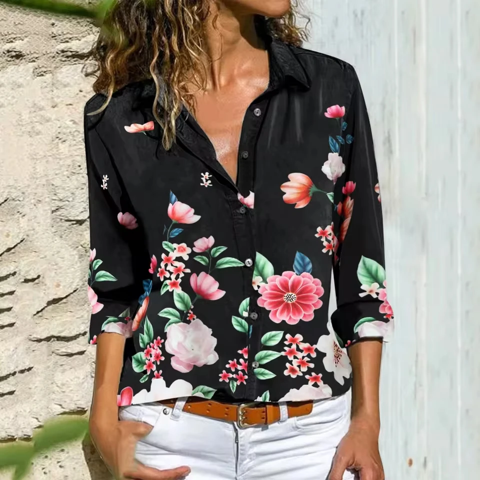 

Women'S Blouses Dressy Casual Long T-Shirt Sleeve Button Printed Loose Shirt Women'S Flower Top Women Blusas Elegante Feminina