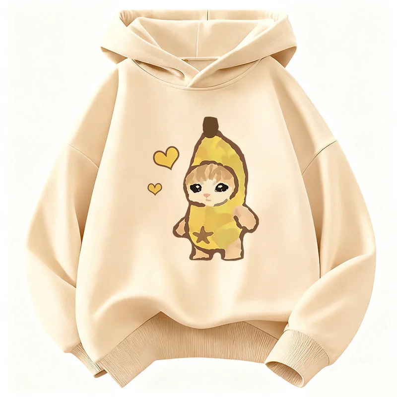 Lustiger Bananen-Katzen-Hoodie für Kinder, Kawaii-Katzen-Kinder-Sweatshirt, Kapuzenpullover für Jungen und Mädchen, lässige Hoodies, Hip-Hop-Kleidung