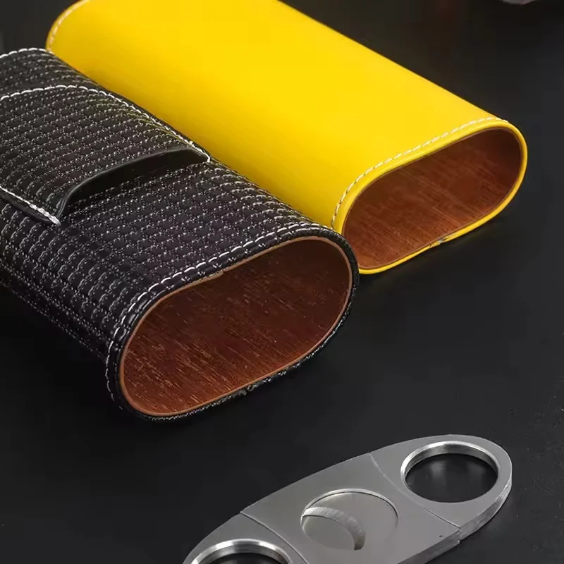Portable Leather Cigar Humidor Case with Cedar Wood Lining 3-Finger Travel Cigar Box + Stainless Steel Cutter Men Gift - view 3