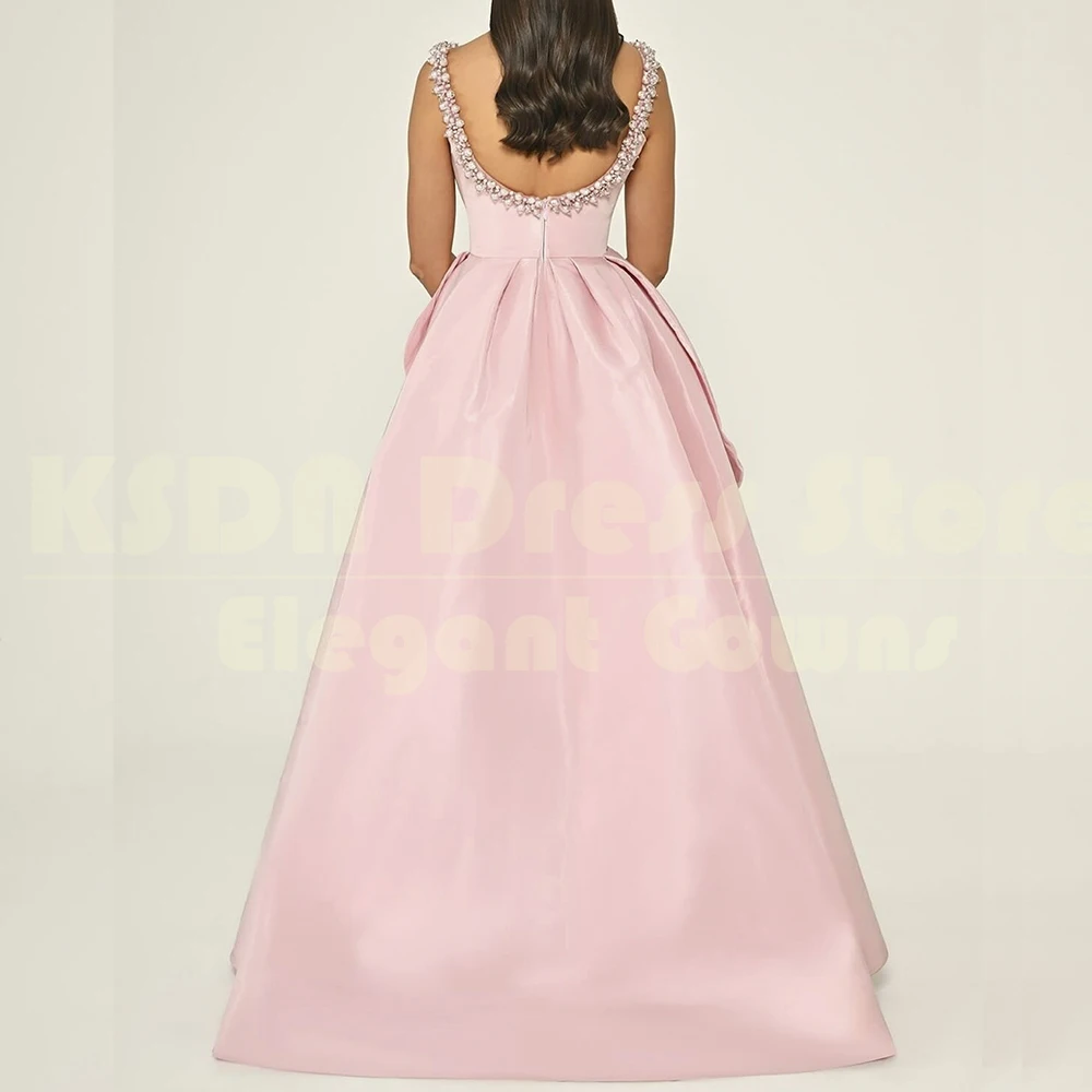 Fabulous Pink Evening Dresses Pearls Spaghetti Starp Sweep Train Gowns Special Occasion Princess Party Draped Dress