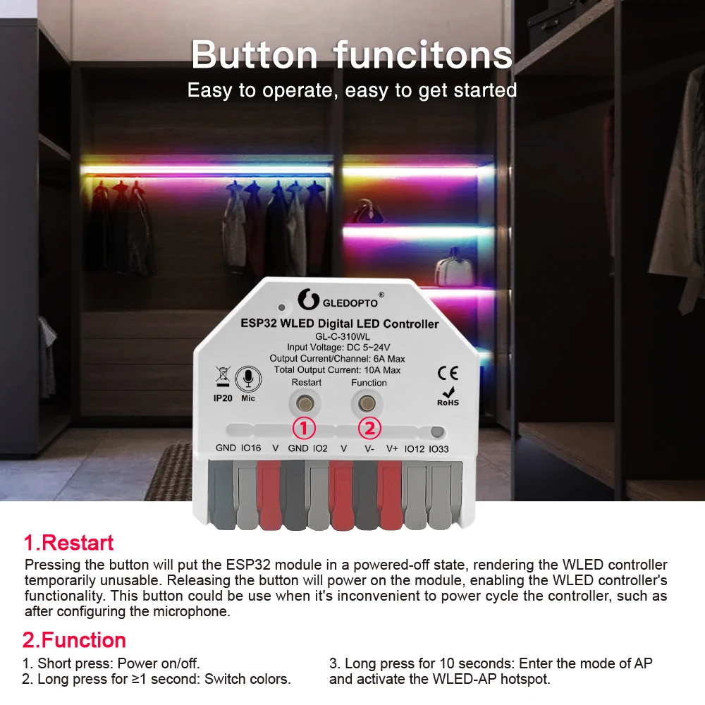 Imagem -05 - Gledopto-controle de Voz sem Fio Inteligente Controlador Dmx Suporta Vários Tipos Tiras de Led Iluminação Dinâmica Faça Você Mesmo Ultra Mini Esp32