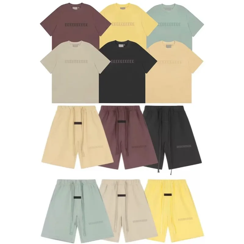 

FW23 Classic Brand Double Line Men's T-shirt Trendy Design Front Two Rows Silicone Letter Short Sleeve High Street Loose Top Set