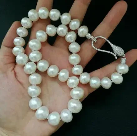 Hand knotted 10-11mm white freshwater cultured pearl micro inlay zircon accessories connector choke necklace long 46cm