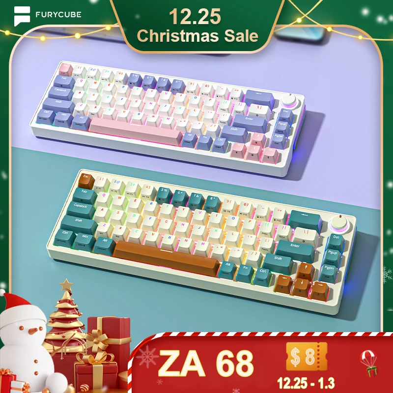 

FuryCube ZA68 Pro(EN/RU) 68 Keys Mechanical Keyboard Hot Swappable 3 Modes PBT RGB 65% Gaming Keyboards Linear Switch