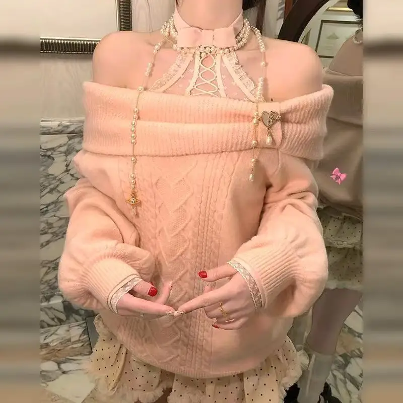 

Women Sweet Hot Girl Bow Off-Shoulder Sweater Autumn Winter Elegant Sexy Fashion Knitted Tops Casual Y2k Knitwear Pullover New