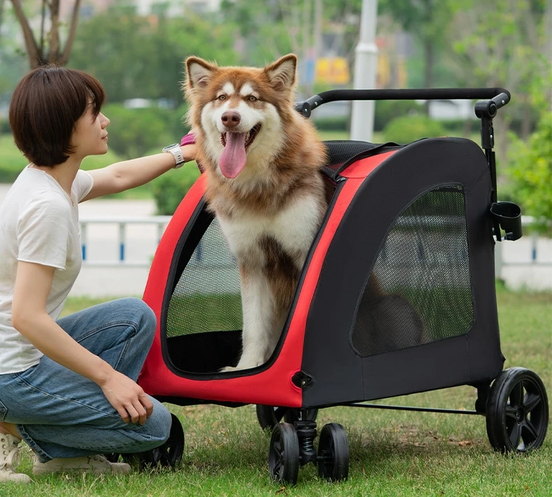 New Design Foldable 4 Wheel Pet Stroller Adjustable Push Handle for Large Dogs & Cats Outdoor Travel up to 50KG