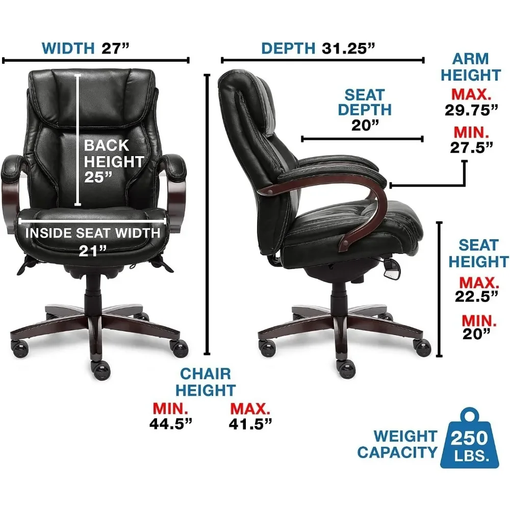 Bellamy Executive Office Chair with Memory Foam Cushions, Solid Wood Arms and Base, Waterfall Seat Edge, Bonded Leather, Black