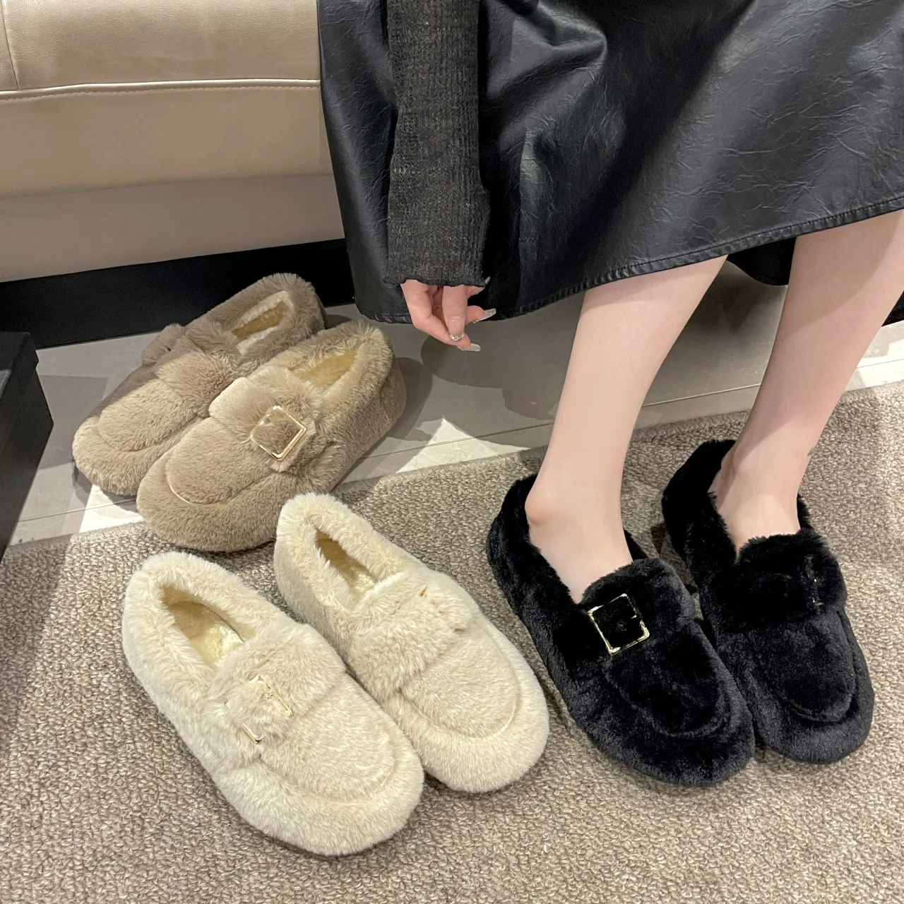 Autumn And Winter New Fairy Style Round Toe Flat Bottom Plush Shoes For Women's Fashion Outwear, Lazy Man Kicks On Bean