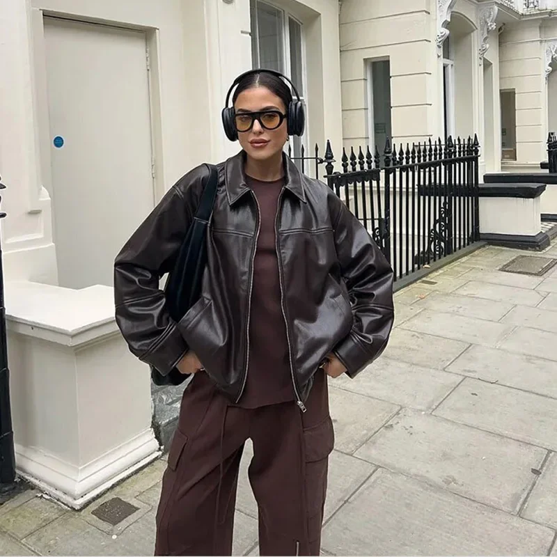 

Vintage Zipper Black Collar Women's Leather Jacket Fashion Quilted Long Sleeve Pocket Coat Female New Commute Office Streetwear