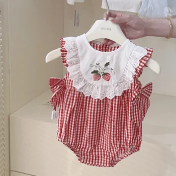 아기 여름 얇은 딸기 인쇄 Romper 신생아 옷 삼각형 Haopai 여름 복장 전체 달 백일 Romper 