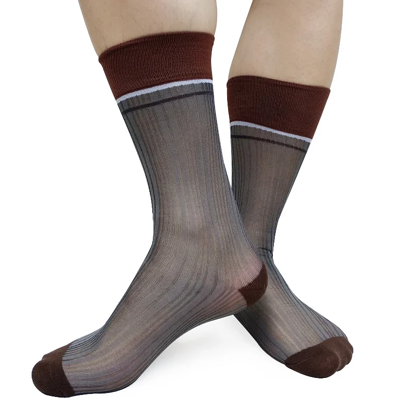 Men Nylon Silk Socks Formal Dress Suit Socks See Through for Leather Shoes Stripped Sexy Hose Male Wedding Business Gifts