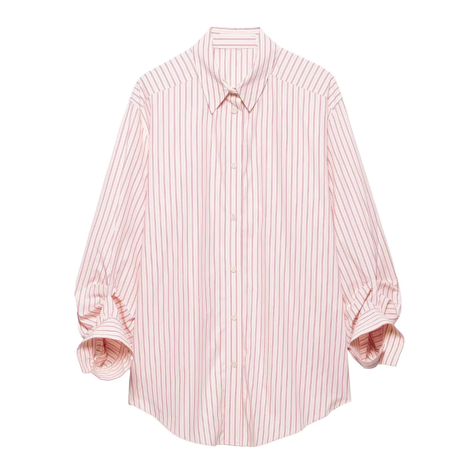 

Pink Striped Long Shirt Women Casual Loose Single Breasted Turn-Down Collar Blouse Long Sleeve Office Lady Tops 2025 New Summer