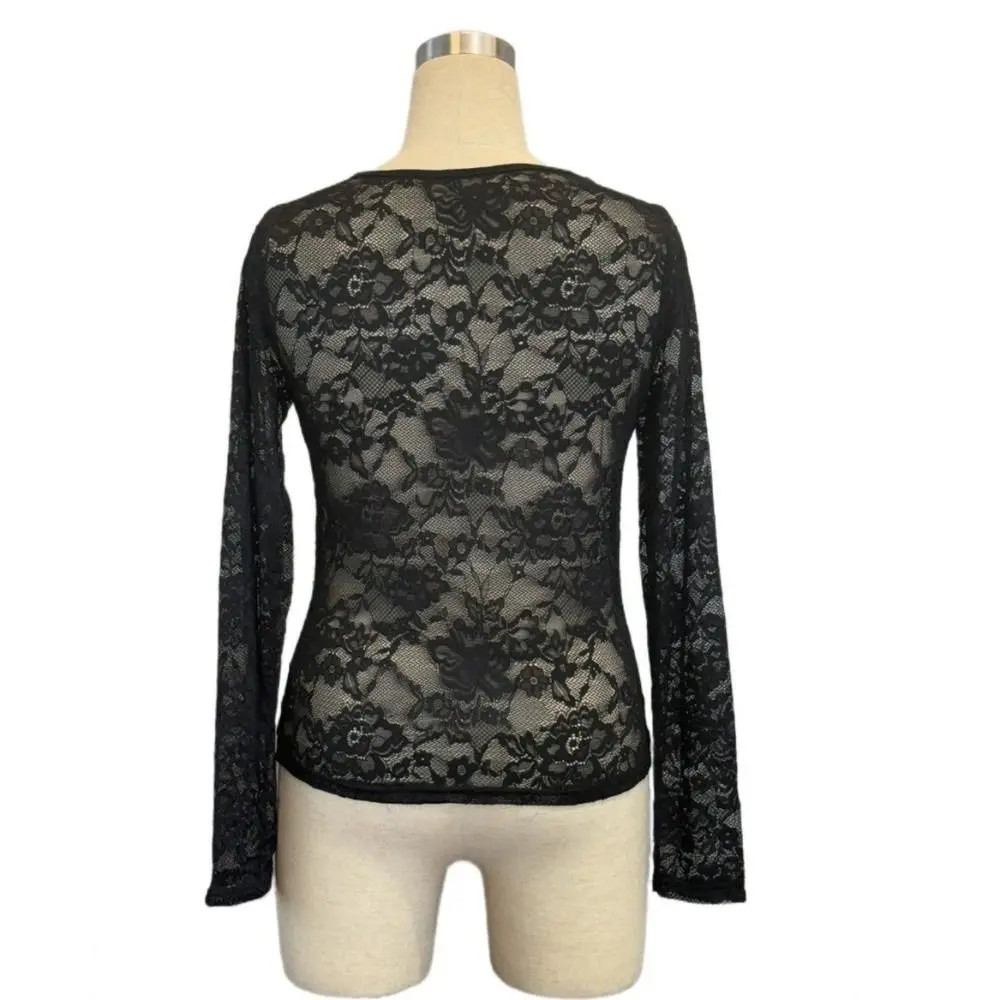 Y2k V-Ausschnitt Spitzen-Transparent-T-Shirts Langarm Durchsichtige Mesh-Crop-Tops Blusen Eng Anliegendes Unterhemd Herbst – Detail 9