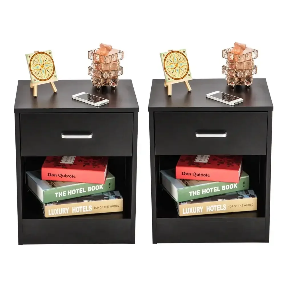 [XMSJ]Set of 2 Nightstand End Beside Table 1 Drawer Storage Organizer Room Furniture,Black