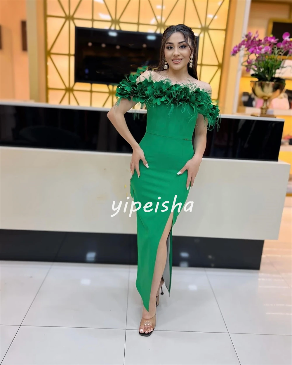 Jersey Flower Feather Ruched Celebrity A-line Off-the-shoulder Bespoke Occasion Gown Midi Dresses