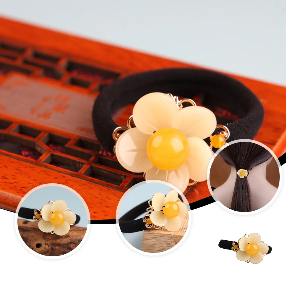 

1pc Colorful Jade Accessory Decorated Colored Petals Flower Beads Copper Vintage Hair Circle Elastic Rope For Hanfu Ponytail