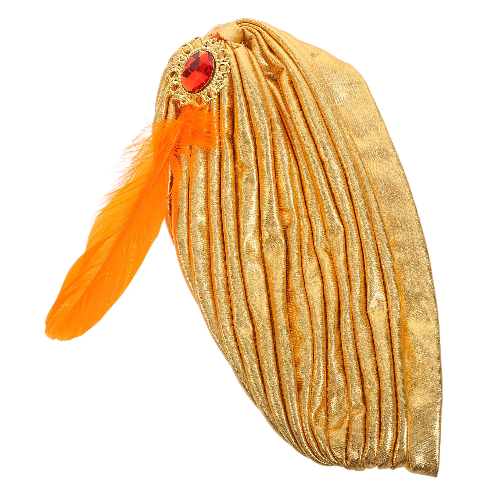 Gold Indian Turban Hat Knotted Plume Elegant Lightweight Unisex Festival Dance Carnival Vintage Headwear Party Costume
