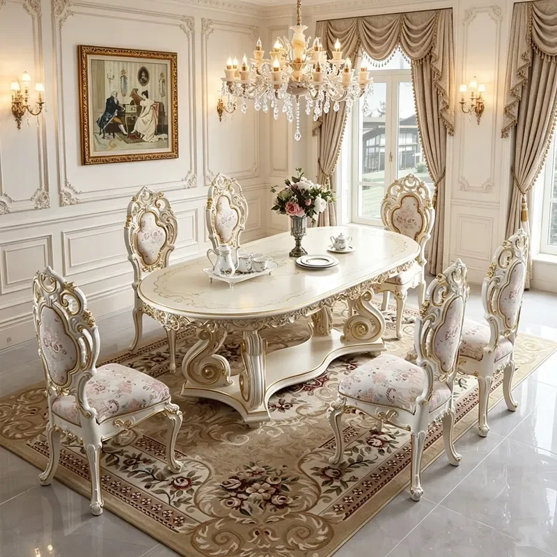 French Marquetry Style Designer Dining Table Set New Elaborate Design Dining Table and Chairs Dining Room Furniture Set