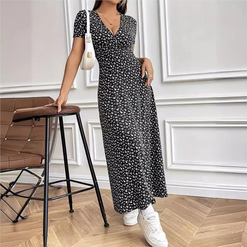 Elegant Women's Fashionable Small Floral V-neck Mid Length Dress Spring And Summer Women's Printed Short Sleeved Casual Dresses